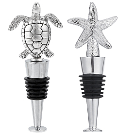 2Pcs 2 Styles Silicone Wine Bottle Stoppers, with Alloy Finding, for Winebottle, Starfish & Tortoise