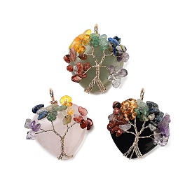 Gemstone Heart Pendants, Chakra Tree of Life Gems Chip Copper Wire Wrapped Charms, Golden