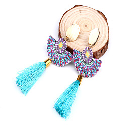 Boho Ethnic Fan-Shaped Earrings with Tassels and Wooden Beads