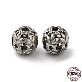 925 Sterling Silver Beads, Hollow Round with Leaf, with S925 Stamp