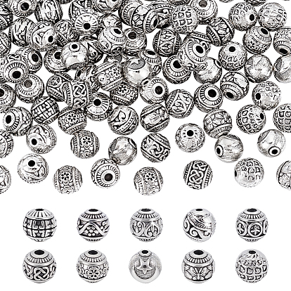 100Pcs 10 Styles Tibetan Style Alloy Beads, Round