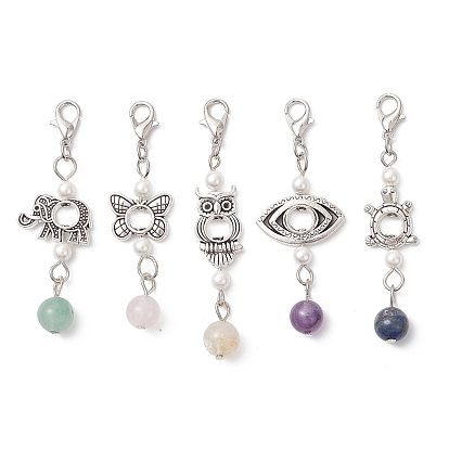 Подвесные украшения из сплава, натурального аметиста, натурального мадагаскарского розового кварца, ракушечного жемчуга и натурального зеленого авантюрина, с карабин-лобстерами , слон/бабочка/черепаха