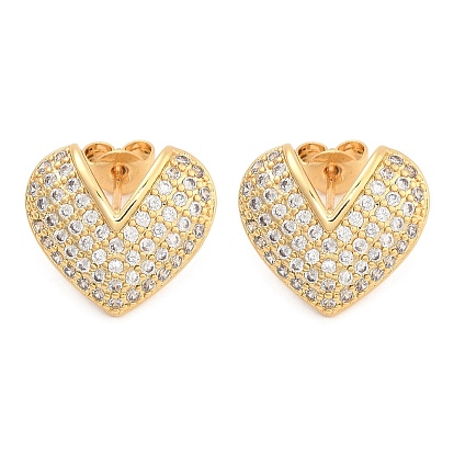 Brass Pave Clear Cubic Zirconia Stud Earrings, Heart