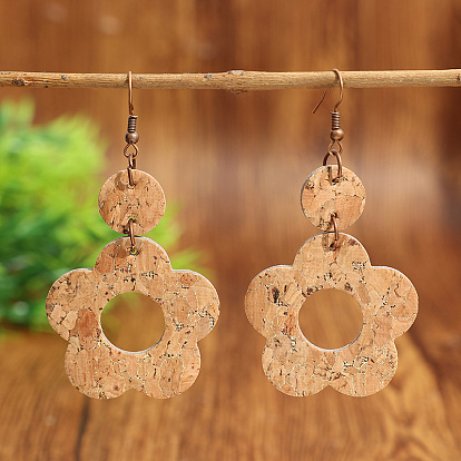 Wood & Zinc Alloy Dangle Earrings, Flower & Flat Round, Red Copper