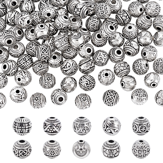 100Pcs 10 Styles Tibetan Style Alloy Beads, Round