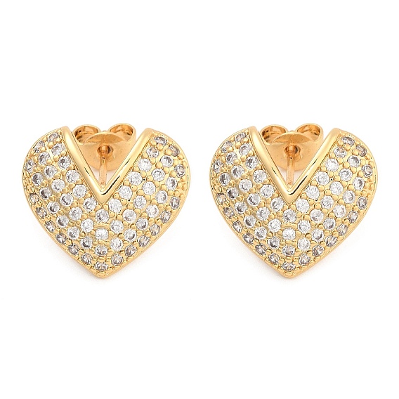 Brass Pave Clear Cubic Zirconia Stud Earrings, Heart