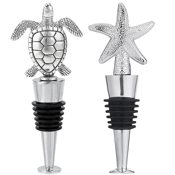 2 piezas 2 estilos tapones de silicona para botellas de vino, con la conclusión de aleación, para botella de vino, estrella de mar y tortuga