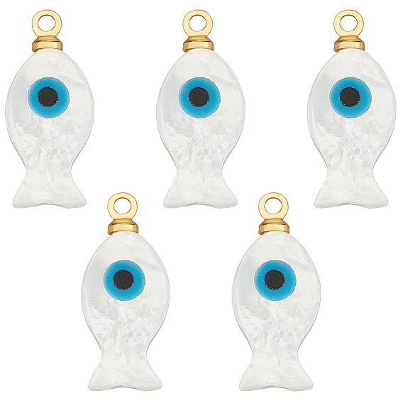 5Pcs Natural White Shell Pendants, Fish Charms with Metal Bails