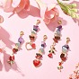 2 Pair 2 Color Natural Mixed Gemstone Chips Dangle Earrings, Alloy Enamel Heart Long Drop Earrings with 304 Stainless Steel Pins for Valentine's Day