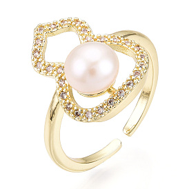 Natural Pearl Finger Open Cuff  Ring Micro Pave Clear Cubic Zirconia, Brass Finger Rings, Gourd