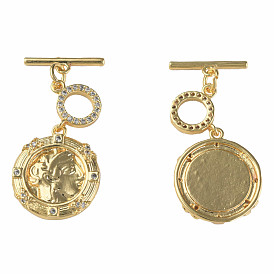 Brass Micro Pave Clear Cubic Zirconia Toggle Clasps, Nickel Free, Flat Round