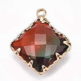 K9 Glass Pendants, Imitation Tourmaline, with Brass Findings, Faceted, Rhombus, Golden