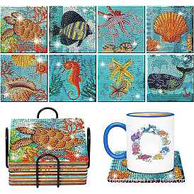 DIY Marine Animal Theme Diamond Painting Square Wood Cup Mat Kits, Including Coster Holder, Resin Rhinestones, Diamond Sticky Pen, Tray Plate and Glue Clay
