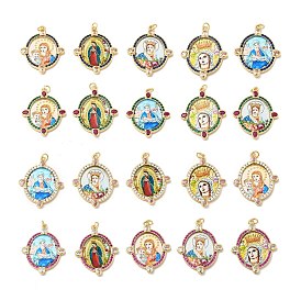 Brass Micro Pave Cubic Zirconia Pendants, with Jump Ring and Glass, Real 18K Gold Plated, Oval with Virgin Mary