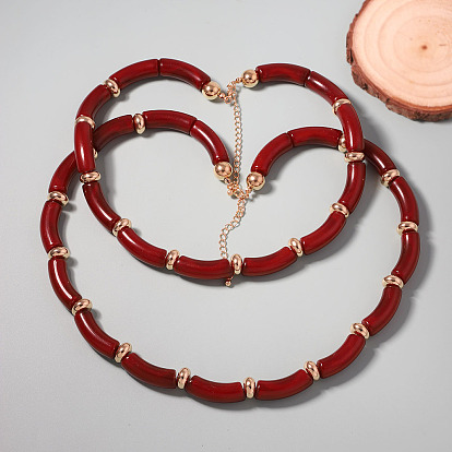2шт. изогнутые трубчатые ожерелья из смолы и пластика ccb с цепочками на концах из сплава для женщин, темно-красный