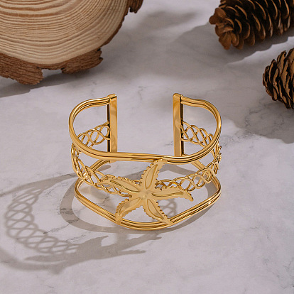 304 Браслеты-манжеты из нержавеющей стали, широкие браслеты для женщин, цветок, ионное покрытие (ip)