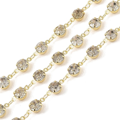 Brass Link Chains, with Rhinestone, Rack Plating Real 18K Gold Plated, Soldered, with Spools, Long-Lasting Plated, Cadmium Free & Lead Free