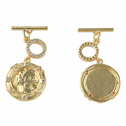 Brass Micro Pave Clear Cubic Zirconia Toggle Clasps, Nickel Free, Flat Round