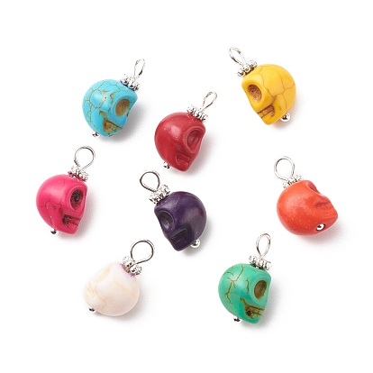 Synthetic Turquoise Pendants, with Silver Tone Brass Findings, Halloween Skull Charm, Dyed