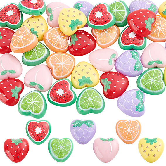 35pcs 7 styles de perles acryliques opaques, coeur avec des fruits