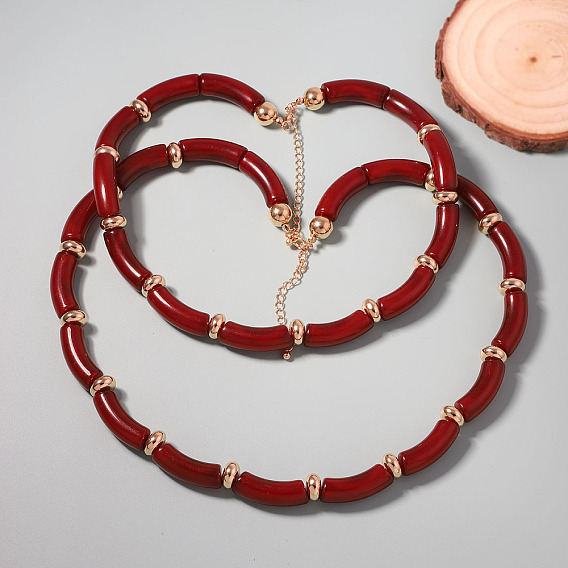 2шт. изогнутые трубчатые ожерелья из смолы и пластика ccb с цепочками на концах из сплава для женщин, темно-красный