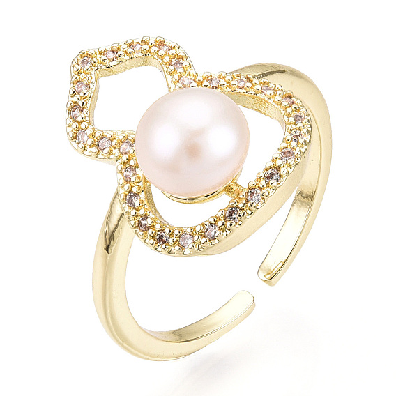 Natural Pearl Finger Open Cuff  Ring Micro Pave Clear Cubic Zirconia, Brass Finger Rings, Gourd