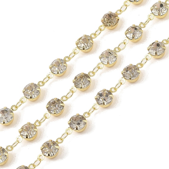 Brass Link Chains, with Rhinestone, Rack Plating Real 18K Gold Plated, Soldered, with Spools, Long-Lasting Plated, Cadmium Free & Lead Free