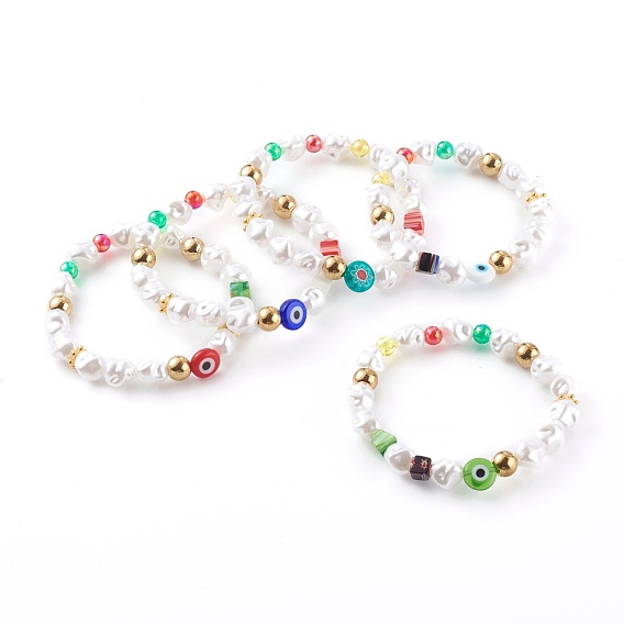 Stretch Beaded Bracelets, with Lampwork Beads and CCB Plastic Beads, Evil Eye