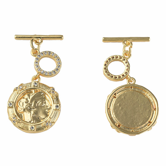 Brass Micro Pave Clear Cubic Zirconia Toggle Clasps, Nickel Free, Flat Round
