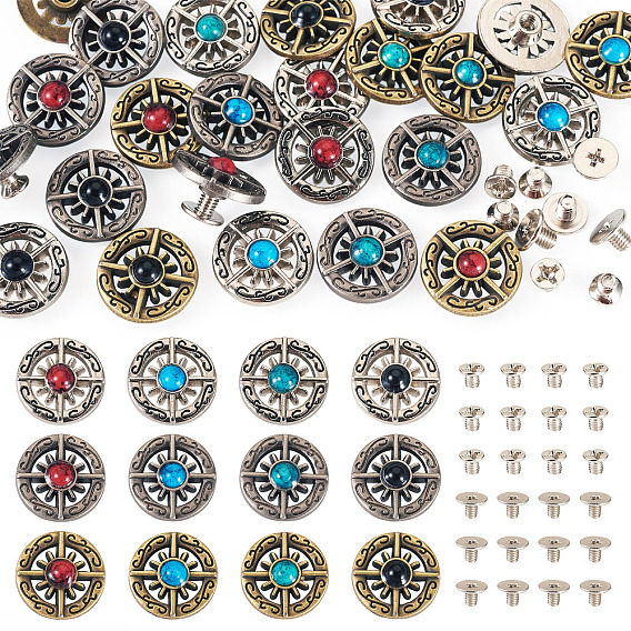 24 наборы 12 цветные сплавы синтетические камни бусины пуговицы, плоские круглые с крест-накрест, для поделок багажа и аппаратных принадлежностей