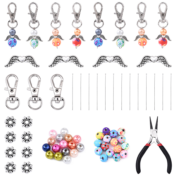 Наборы для самостоятельной сборки ключей, включают шарики из полимерной глины, абс бусы, Сплавочные бусины, сплав поворотный Lobster Claw застежками, латунные шпильки с плоской головкой, Клещи углерода стали ювелирные изделия