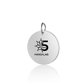 Placage ionique (ip) 201 pendentifs en acier inoxydable, polissage manuel, plat rond avec des mandalas