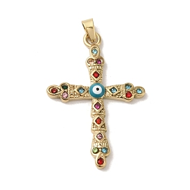 Brass Micro Pave Cubic Zirconia Pendants, with Enamel, Real 18K Gold Plated, Cross with Evil Eye