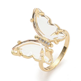 Brass Micro Pave Cubic Zirconia Rings, with Glass, Long-Lasting Plated, Butterfly