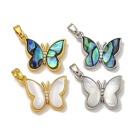 Rack Plating Brass Pave Natural Shell Pendants, Butterfly Charms