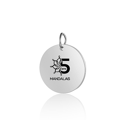 Placage ionique (ip) 201 pendentifs en acier inoxydable, polissage manuel, plat rond avec des mandalas