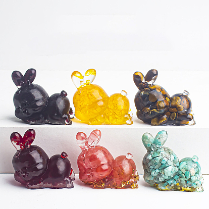 Resin Rabbit Display Decoration, with Natural & Synthetic Gemstone Chips inside Statues for Home Office Decorations