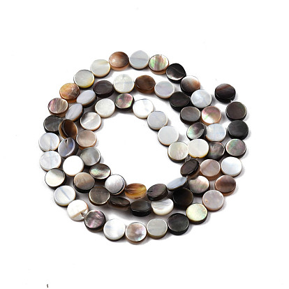 Natural Black Lip Shell Bead Strands, Flat Round
