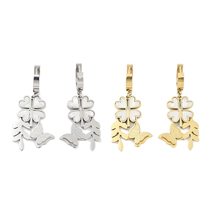 Left and Right Clover & Texture Butterfly 304 Stainless Steel Shell Dangle Earrings, Rhinestone Hoop Earrings for Women