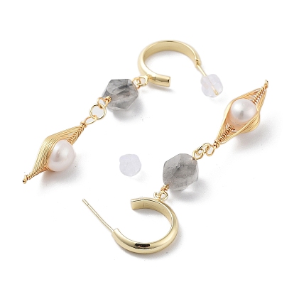 Natural Quartz Dangle Stud Earrings, with Brass Pearl Findings and 925 Sterling Silver Pins, Rhombus