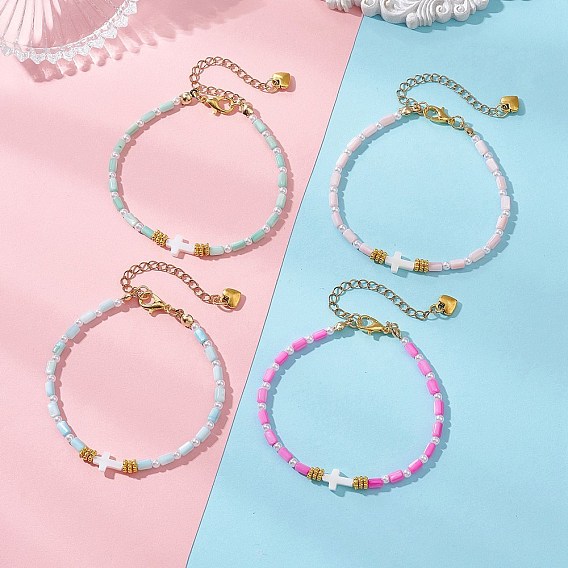 Браслеты из окрашенных бусин из натуральных пресноводных ракушек для женщин, крест и колонка, с абс пластмассовыми жемчужными бисером