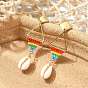Seed Glass Woven Dangle Earrings for Women, Rhombus, with Natural Cowrie Shell, 304 Stainless Steel Stud Earrings, Real 18K Gold Plated