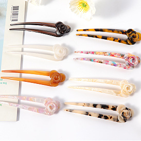 U-shaped acetate hairpin for Hanfu, with 3D flower hairpin for bun hairstyle.