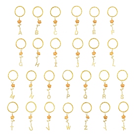 Brass Flower & 201 Stainless Steel Letter A~Z Pendant Keychain, Iron Split Key Rings