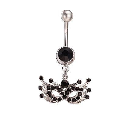 Piercing Jewelry Real Platinum Plated Brass Rhinestone Mask Navel Ring Belly Rings, 38x22mm