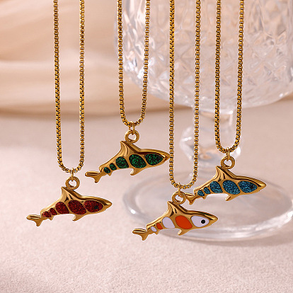Ozean 304 Halsketten mit Anhänger aus Edelstahl und Emaille, Fisch, golden
