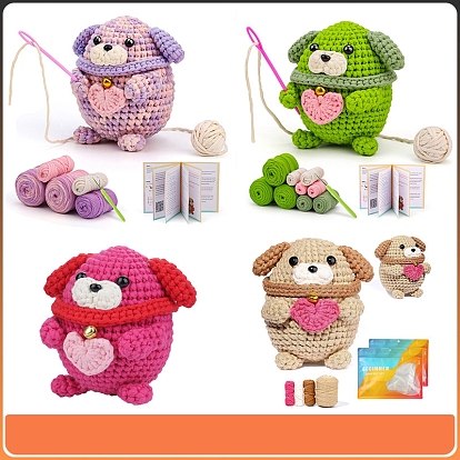 DIY 3D Dog Knitting Kits for Beginners, including Stuffing Cotton, Crochet Hook, Stitch Marker, Craft Eye & Nose, Cored Cotton Thread, Plastic Needle, Hot Melt Glue Stick, Instruction