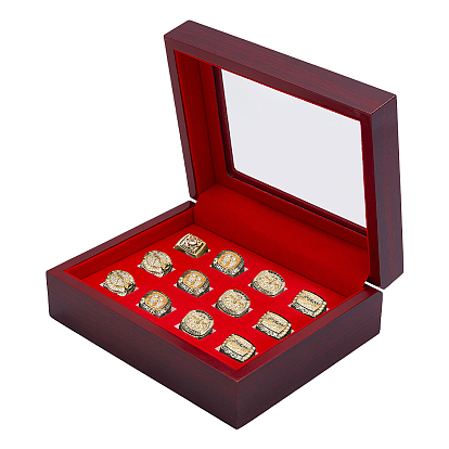 12 деревянные витрины для чемпионских колец с прорезями, коробки для упаковки колец с губкой внутри и крышкой с окошком из ПВХ, прямоугольные