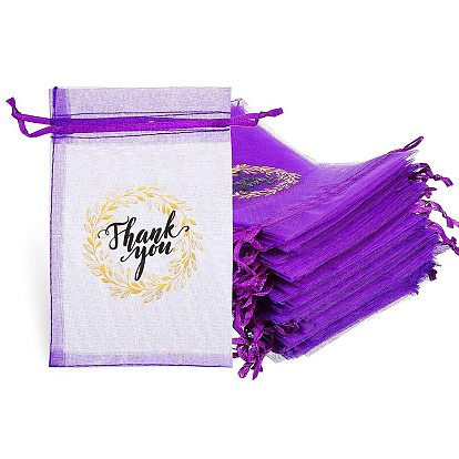 Rectangle Organza Drawstring Gift Bags, Candy Storage Printed Pouches with Word Thank You