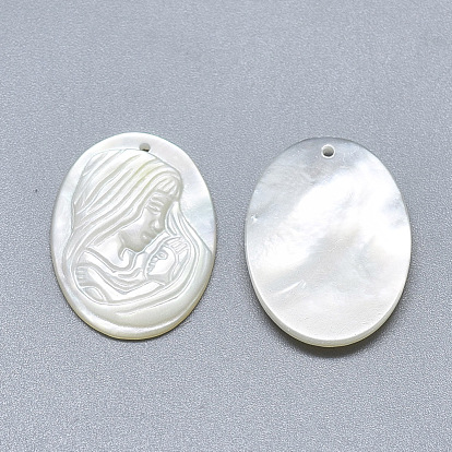 Natural White Shell Mother of Pearl Shell Pendants, Oval with Carved Virgin and Child